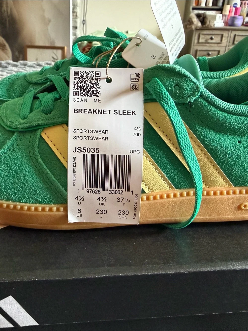 adidas Kids Green Suede Sneakers with Yellow Stripes and Gum Outsole